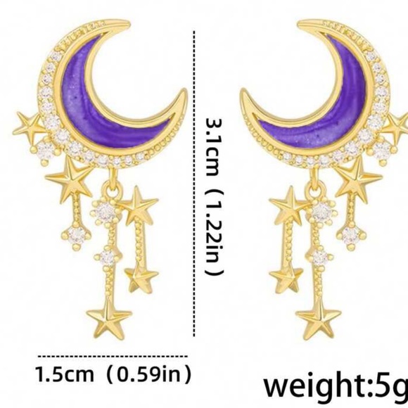 Crystal Star Tassel & Purple Crescent Moon Gold-tone Dangle Boho Earrings - Picture 4 of 4